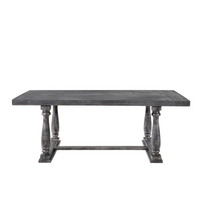 Table de finition en chêne gris patiné, plateau en bois massif de 3 po d'épaisseur, base à tréteaux robustes, poteaux tournés, esthétique minimaliste, pièce de salle à manger Kd pour économiser de l'espace pour la maison, surface de table