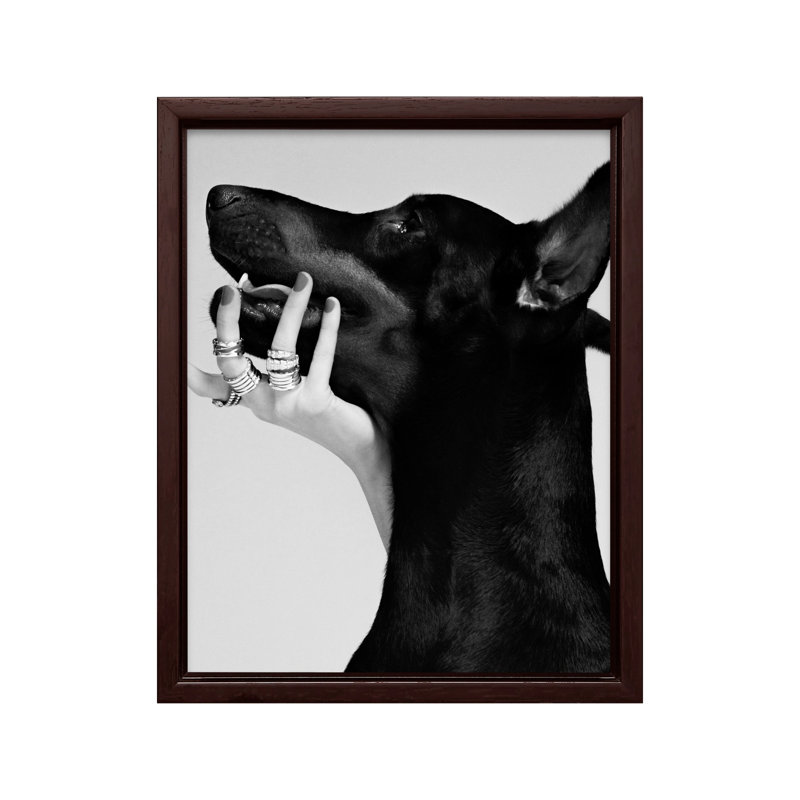Dobermann noir, Canvas, 16"H x 20"W, Brown Framed