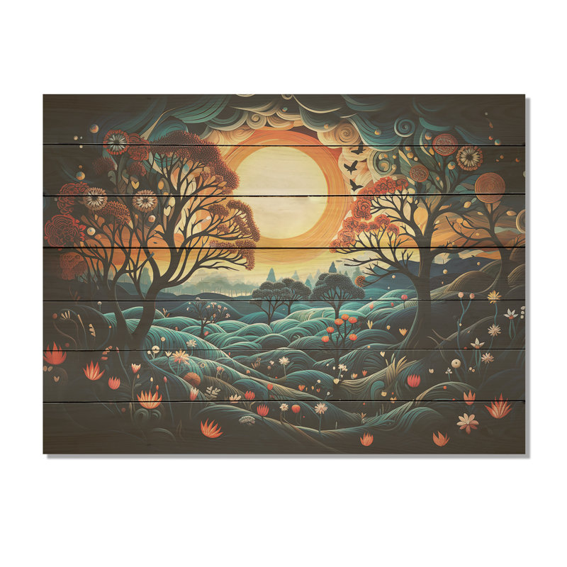 «Blue Horizon Of Heart Trees Landscape II» - impression d'arbre sur bois, H 34 po x l 44 po x P 0,78 po