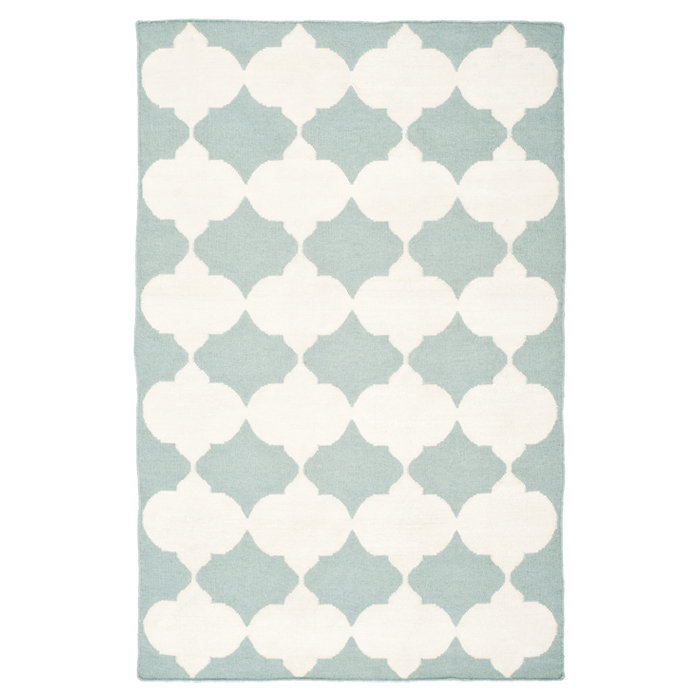 Rodgers Hand Woven Flat Weave Banana Silk/Wool/Cotton Geometric Rug in Ivory/Light Blue, Rectangle 3' x 5'