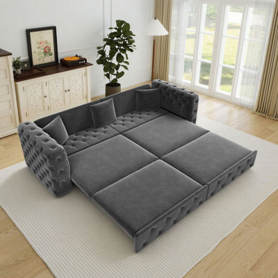 89"W King-size Tufted Design Sofa Bed, 3-in-1 Velvet Pull-Out Sleeper Sofa with 3 Throw Pillows