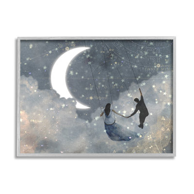 " Grey and Blue Celestial Love Sky Swinging by the Crescent Moon and Stars " Graphic Art Print