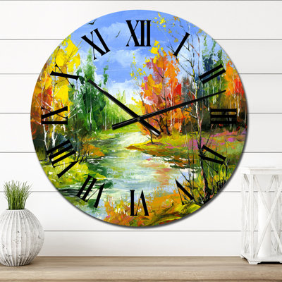 Paysage d'automne avec rivière sous un ciel bleu - horloge murale