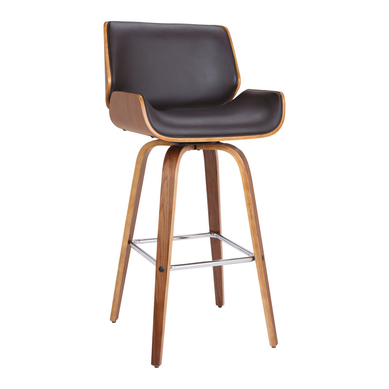 Tyler Mid-Century Swivel Counter Height Barstool in Brown Faux Leather with Walnut, 76.2cm