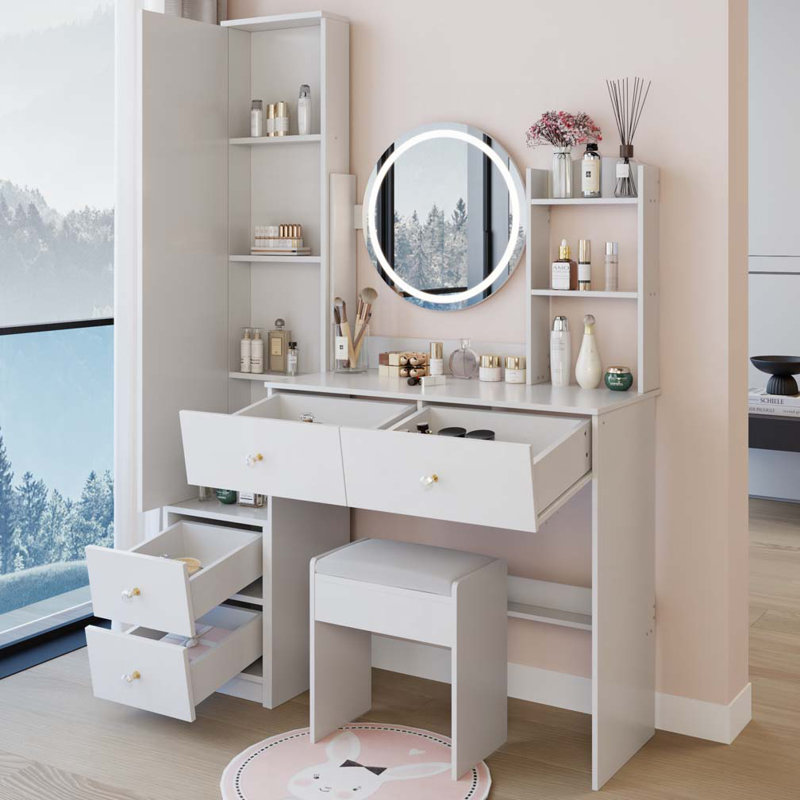 Full Body Mirror Cabinet + Round Mirror LED Vanity Table + Cushioned Stool, 17" diameter LED Mirror, Touch Control, 3-color, Brightness adjustable, Large Desktop, Multi-layer High Capacity Storage