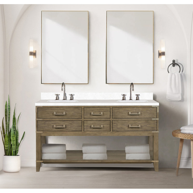 Meuble-lavabo double en chêne gris 60 po X P 22 po D, avec plateau en quartz blanc, Gris, 60"