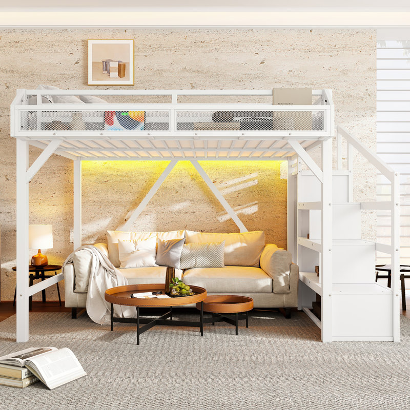  Lit mezzanine double en métal avec garde-robe et escalier de rangement, lumières DEL et USB, blanc, Blanc, Lit double
