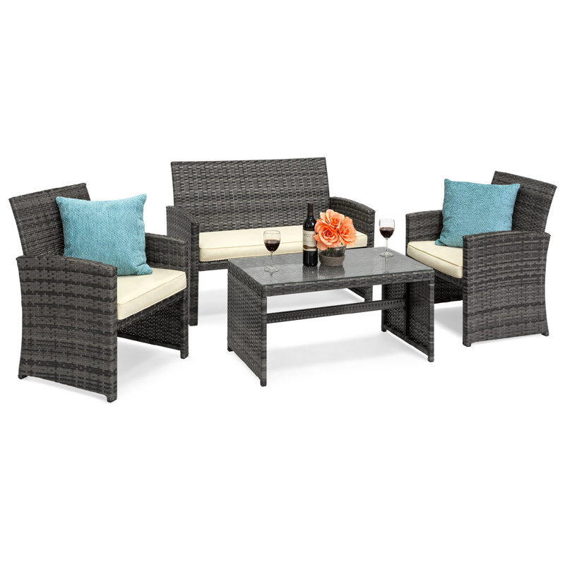 4-Piece Outdoor Wicker Patio Conversation Furniture Set w/ Table, Cushions, Cream/Gray
