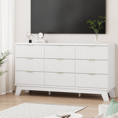 Fluted 9-Drawer Dresser 57''W Wood Wide Chest Of Drawers With Metal Handle, Adjustable Feet 
