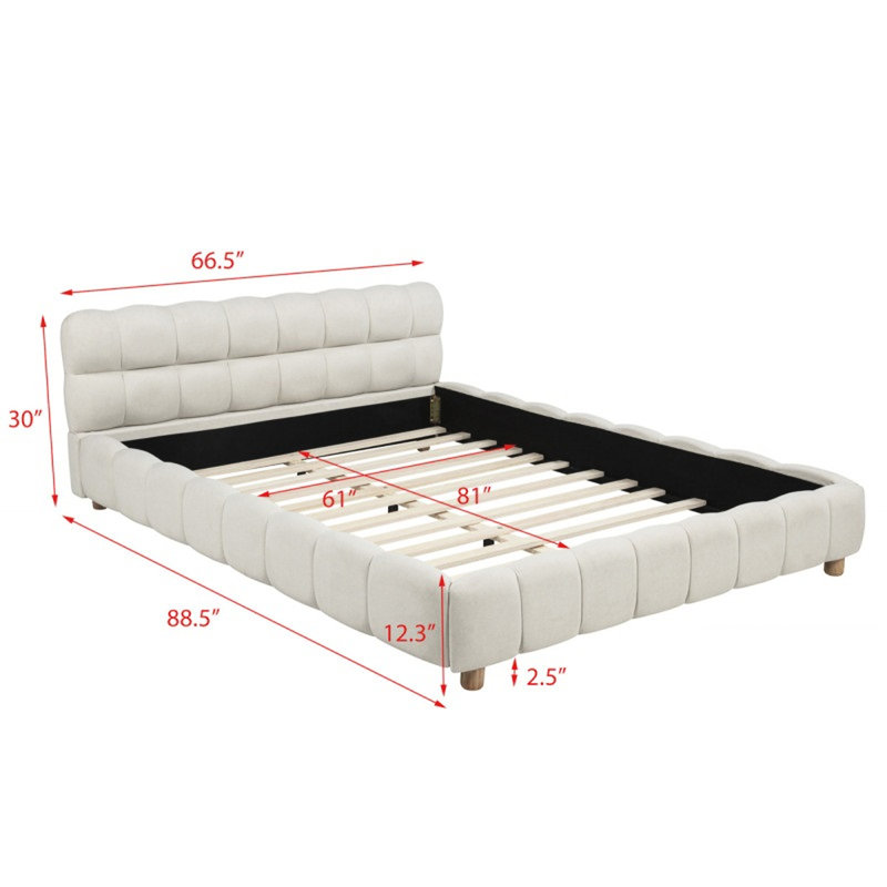 Structure de lit plateforme tapissier à profil bas pour grand lit beige en tissu beige avec des matériaux naturels et une grille