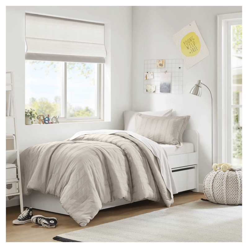 Ensemble d'édredon rayé tissé 5 pièces pour lit simple / simple TG, Édredon simple + 4 pièces supplémentaires, Beige
