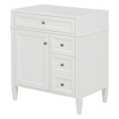 Meuble-lavabo de salle de bain 30 po sans lavabo supérieur, 3 tiroirs, organisateur de porte d'armoire, tablette réglable, tiroir basculant, rangement divers, design moderne, bois massif blanc à pieds romains exquis et métal lisse