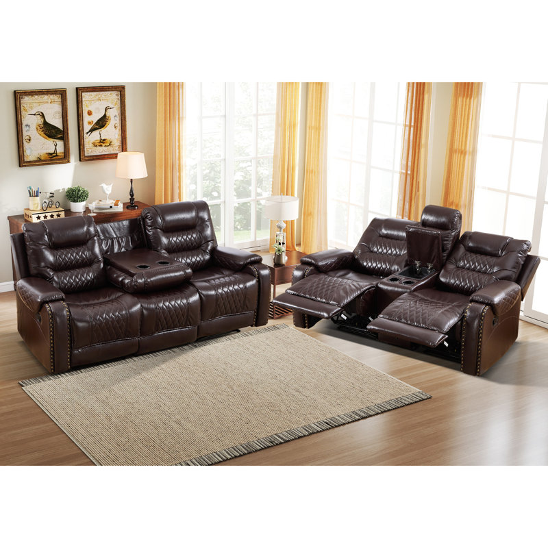 Ensemble de salon inclinable manuel en similicuir 2 pièces - Siège spacieux avec rangement et porte-gobelets, Marron foncé