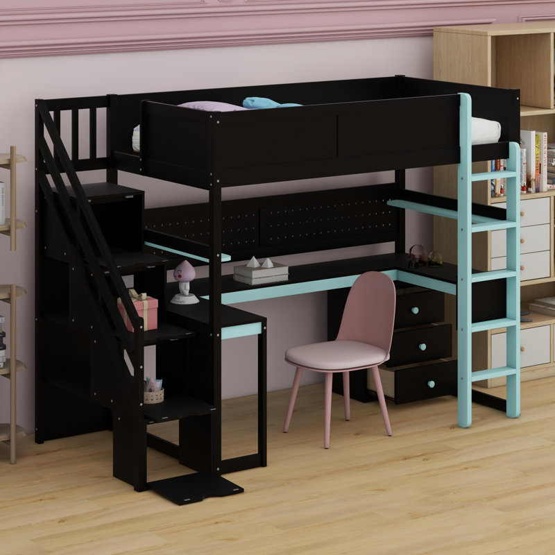 Comprend des escaliers de rangement, un bureau d'étude, des tablettes d'organisation et un panneau perforé, Noir / Bleu