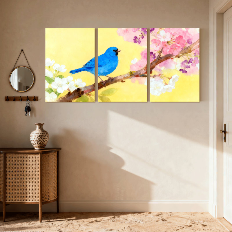 Oiseaux bleus sur une branche de fleurs sur fond jaune, ensemble de 3 impressions sur toile, H 18 po x l 36 po