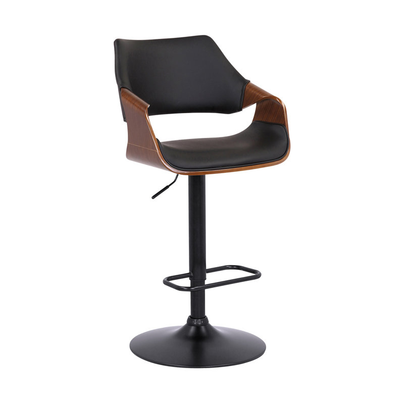 Afshar Swivel Adjustable Height Bar Stool with Pedestal Base in Faux Leather, Wood and Iron, Black Faux Leather, Black