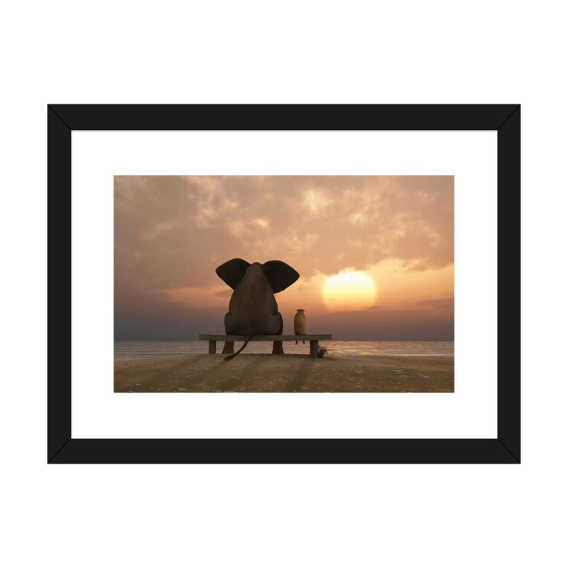Reproduction d’art, "Elephant and Dog sit on a Summer Beach at Sunset" par Mike Kiev, H 16 po x l 24 po x P 1 po, Blanc