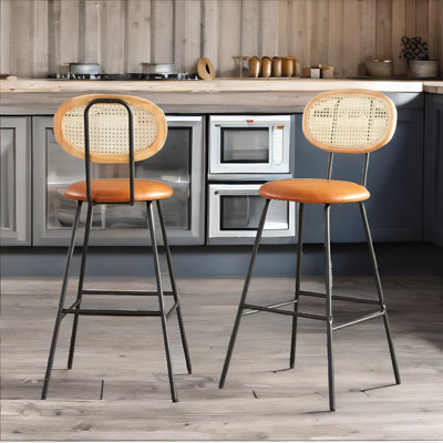 Ezrol 2-Piece Adjustable Height Stools Industrial Faux Leather With Back & Footrest