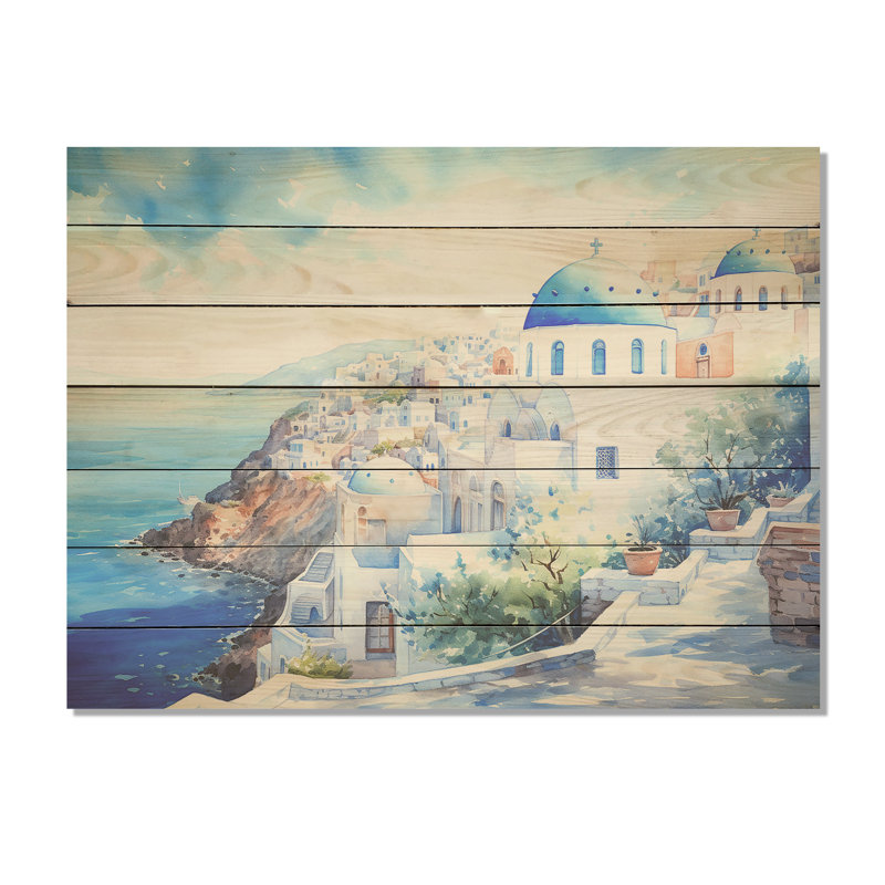 «Blue and White Santorini Village II» - Grèce sur bois, H 10 po x l 20 po x P 0,78 po