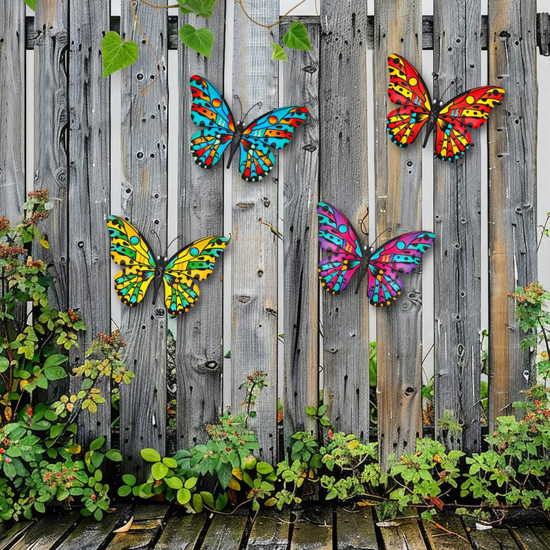 Paquet de 4 décorations murales en métal pour l'extérieur et l'intérieur, Rouge / jaune / bleu / mauve