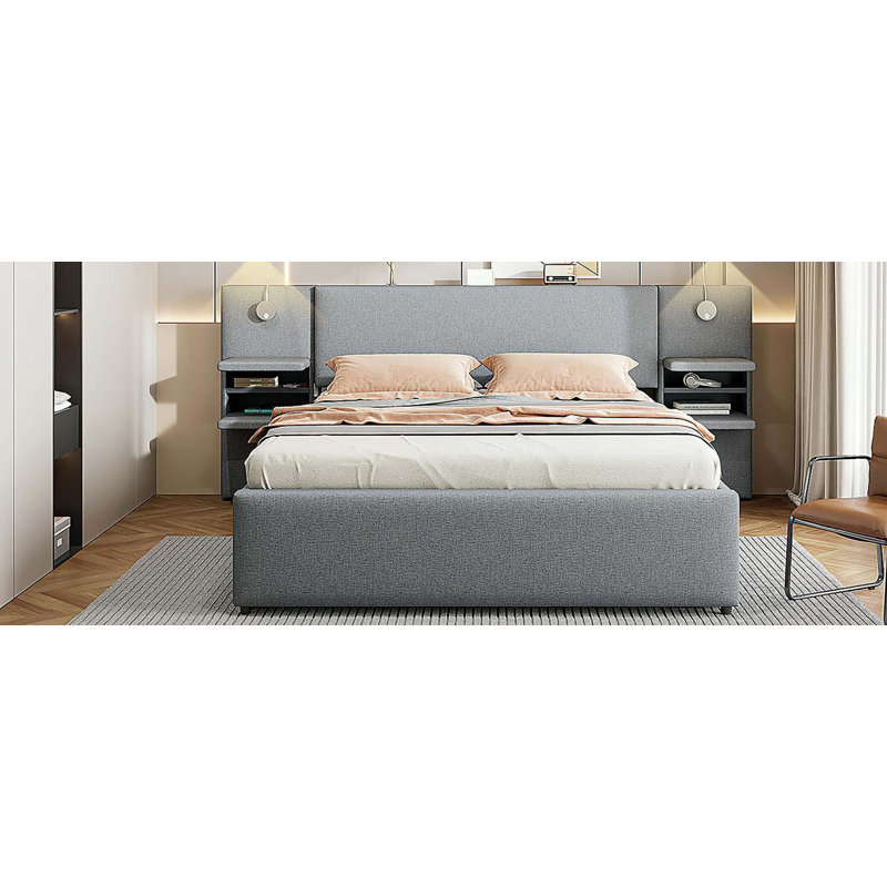 Grand lit plateforme tapissier avec lumières de lecture, tiroirs, gigogne et tablettes, gris, Gris