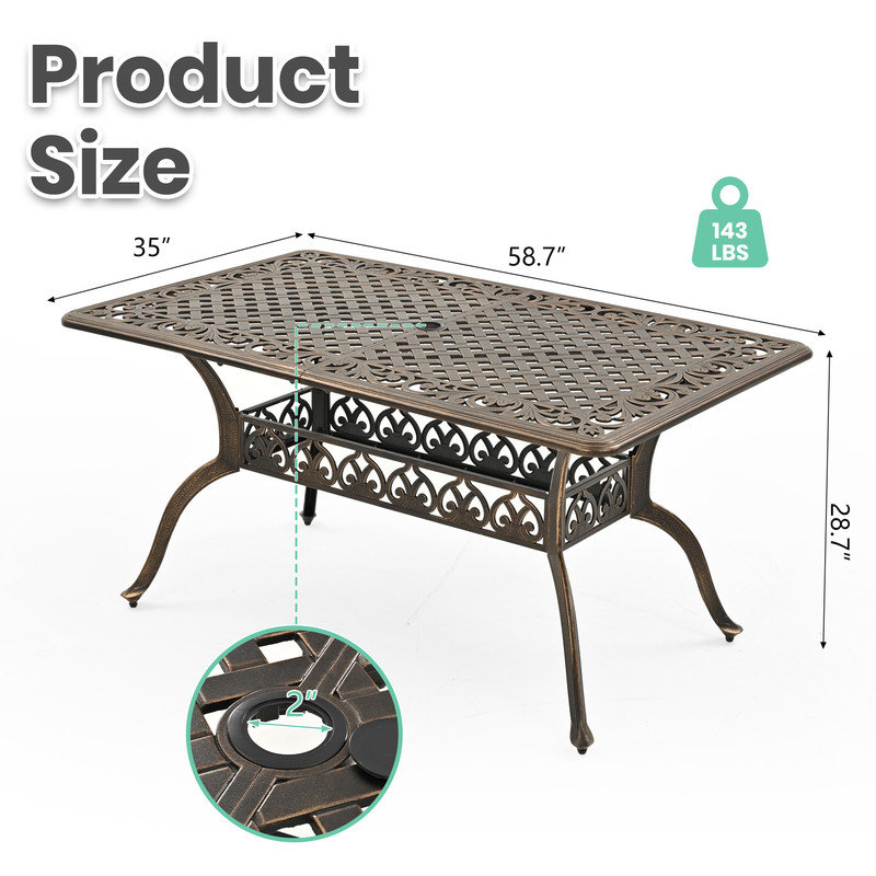 Classical Rectangular Cast Aluminum Outdoor Dining Table