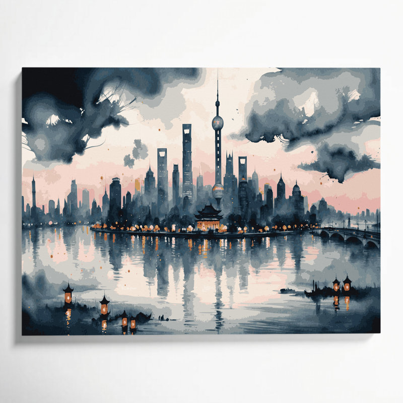 Art mural sur toile beige avec villes cités, H 20 po x l 24 po