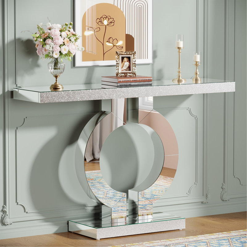 Console à miroir moderne avec base en forme de O, table d'entrée en verre argenté pour le salon, le couloir ou le vestibule - Table d'appoint contemporaine avec placage en diamant acrylique