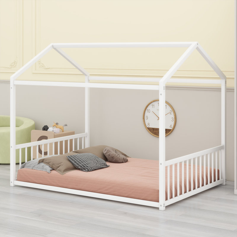 Sturdy Metal House Bed Frame Montessori Floor Bed For Children, White, Full