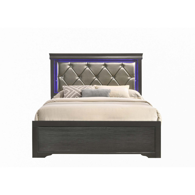 Ensemble de chambre à coucher 5 pièces à revêtement capitonné à DEL 5 pièces, Gris, Grand