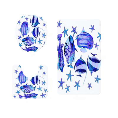 Purple Blue Tropical Fish 3 Pcs Bathroom Rug Set for Bathroom, Ocean-Themed Living Space