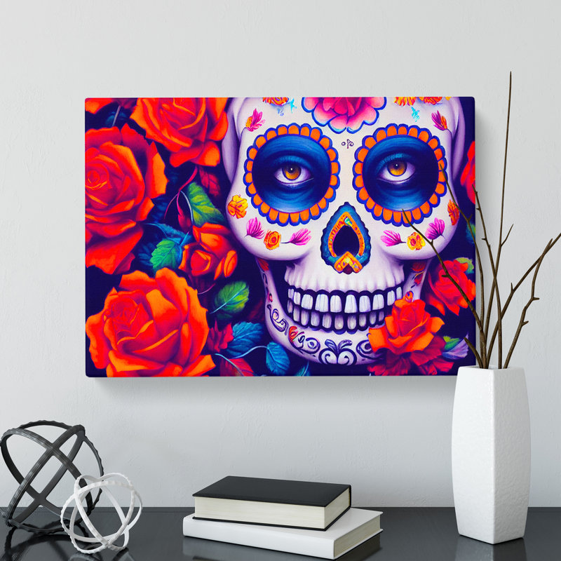Glowing Floral Sugar Skull - Wrapped Canvas, 40cm H x 60cm W x 3cm D