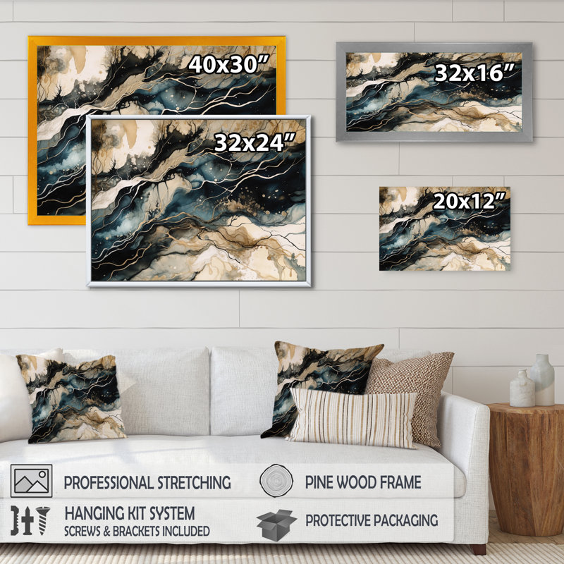 «Blue Beige Marbré Dreamscape III», reproduction sur toile, Cadre photo noir, H 12 po x l 20 po x P 1 po