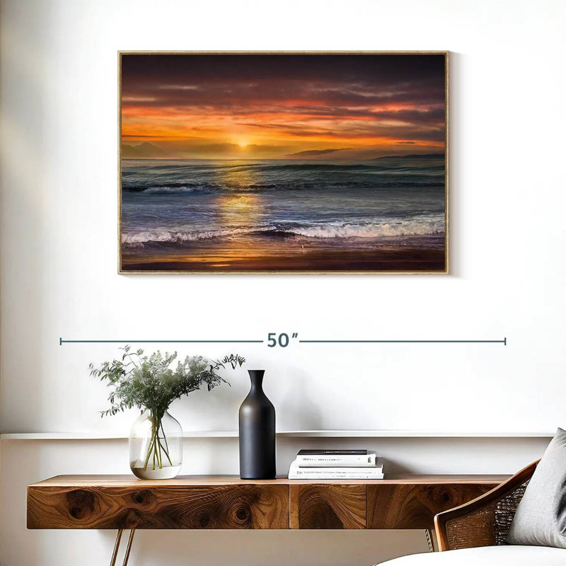 Le coucher du soleil sur la plage de Descanso, Cadre flottant en bois naturel, 37 po x 25 po