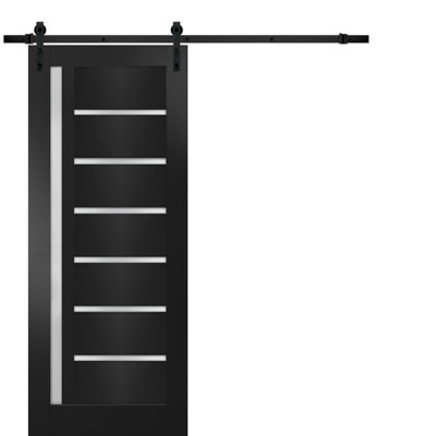 Sturdy Barn Door Quadro 4088 Matte Black with Frosted Glass 6.6FT Rail Hangers Heavy Hardware Set Solid Panel Interior Doors-36" x 96"-Black Rail