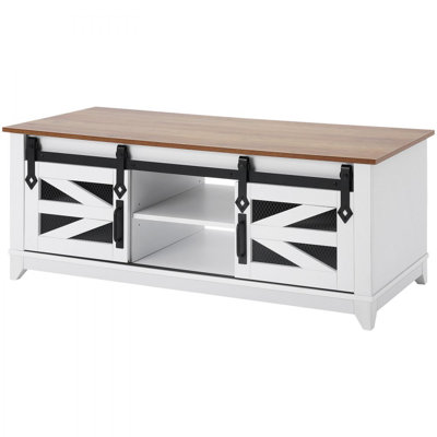 48" Farmhouse Coffee Table, Rectangle Coffee Table with 2 Sliding Barn Doors, 2 Tiers Wooden Rustic Table with Removable Shelves for Living Room, Bedr