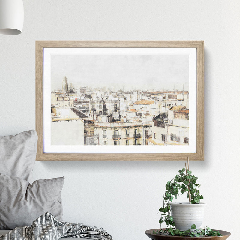 Rooftops in Barcelona Spain - Picture Frame Painting Print, Oak Framed, 62cm H x 87cm W x 2cm D