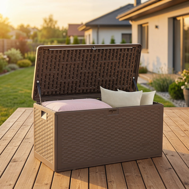 90 Gallon Pro Resin Deck Box Waterproof For Patio, Poolside And Garden, Lockable Uv-resistant