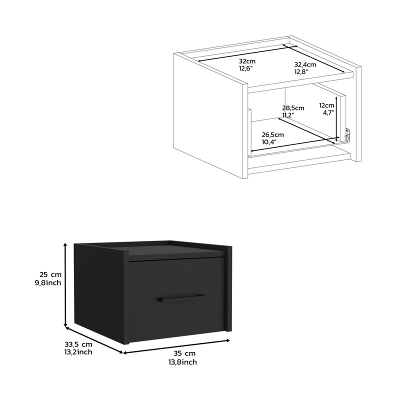 Breeland Floating Nightstand, Space-Saving Design with Handy Drawer and Surface, Black