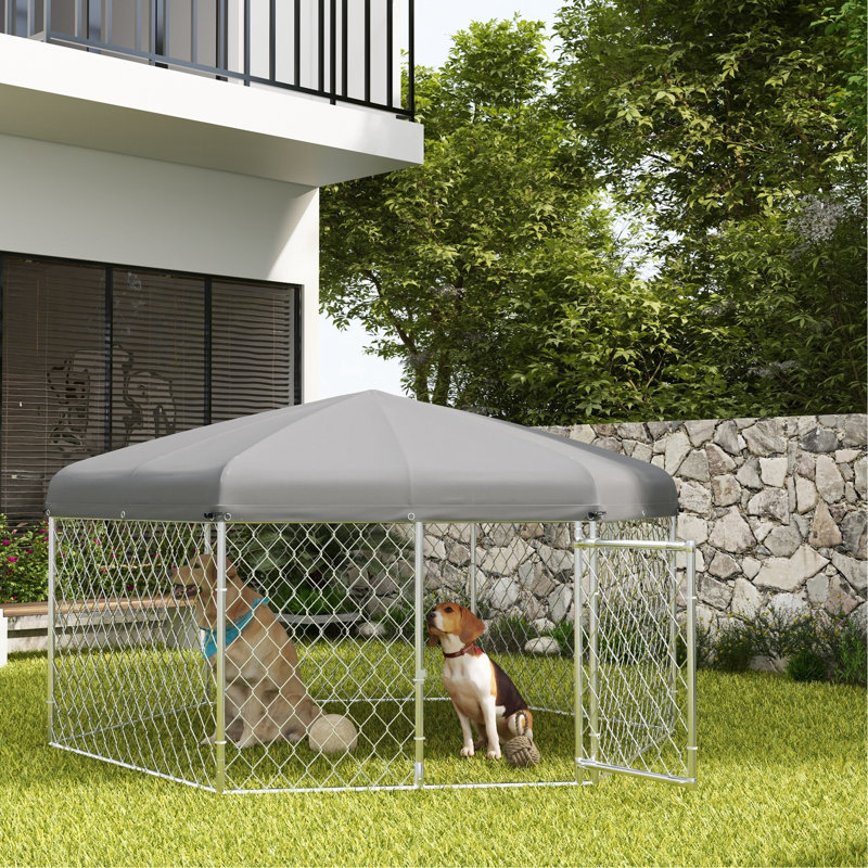 Chenil pour chien argenté d'extérieur - 6,9 pi x 6,1 pi 4,9 pi, toit imperméable, porte verrouillable, pour chiens de taille moyenne / grande
