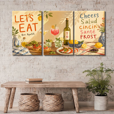 Set of 3 Vintage Kitchen Food Canvas Prints, Colorful Brunch Wine Glass Lemon Olive Cute Illustration Bon Appetit Dining Wal