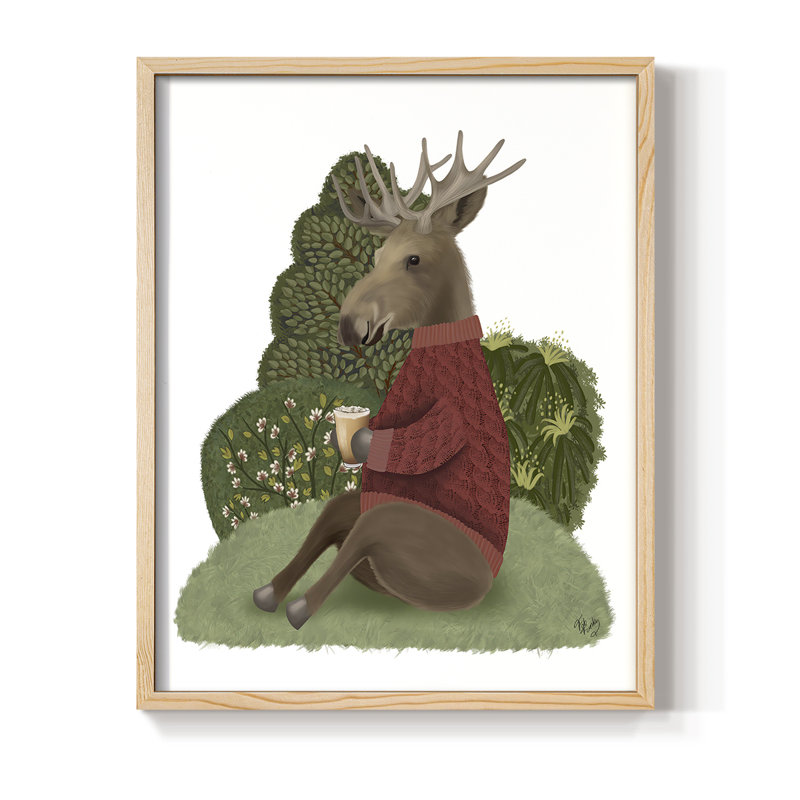 Latte Moose dans un chandail, reproduction encadrée - bois massif, H 11 po x l 9 po