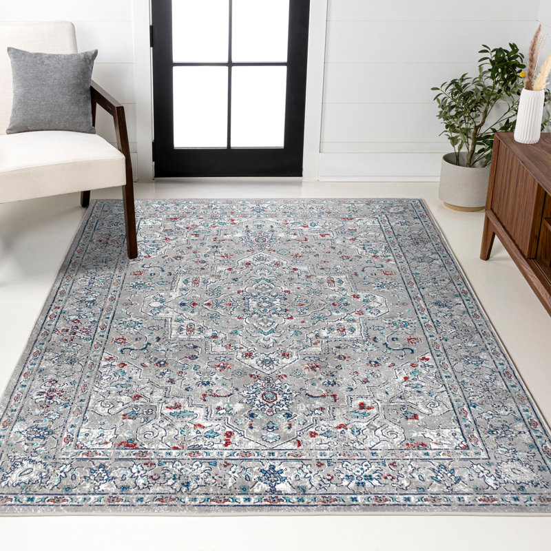 Tapis moderne persan rétro à motif de médaillons gris clair / multicolore Laymon, Rectangle 7 pi 9 po x 10 pi