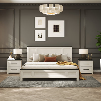 Roundhill Furniture Realynn 3-Piece Wood Bedroom Set, Panel Bed with 2 Nightstands, Off-White Finish