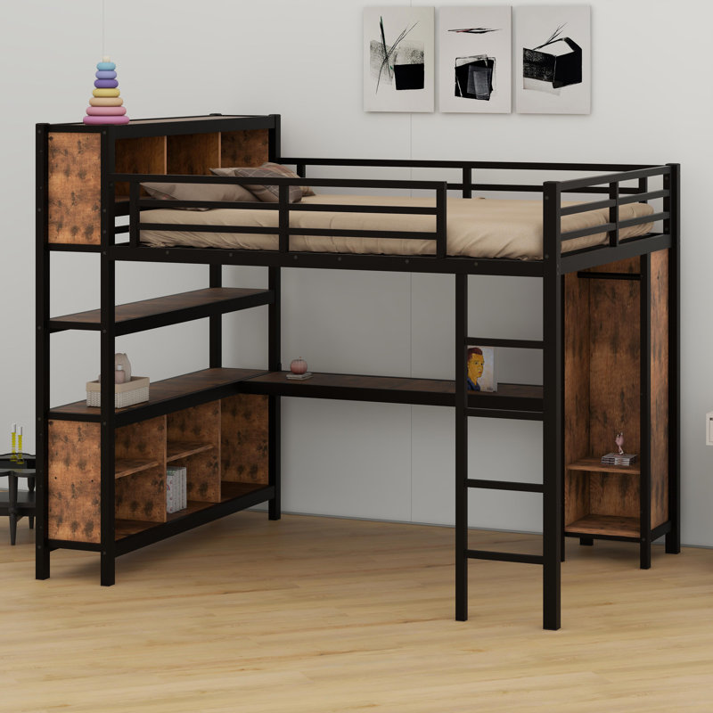 Space-Saving Loft Bed Featuring Built-In Closet, Study Desk, And Organizational Cubes, Wood