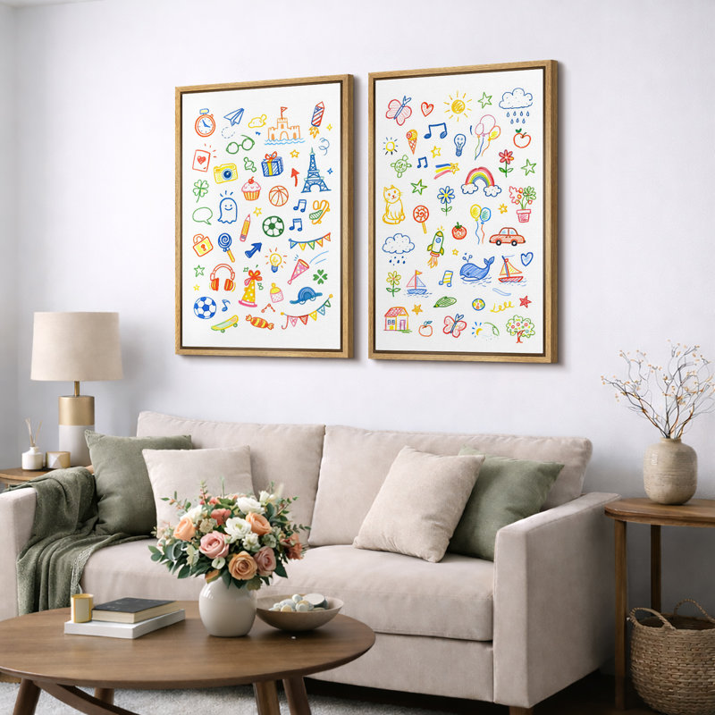 Colorful Kids Doodle Pattern Artwork, Playroom Pictures, Framed Canvas Giclee Print 2 Pieces Wall Art, Natural Frame