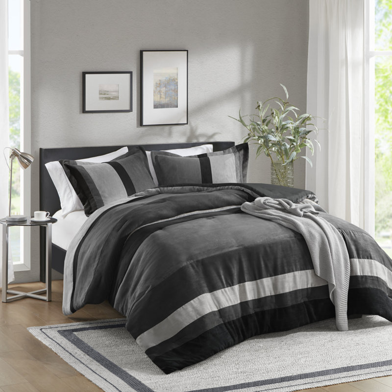 Boulder Striped Microsuede Plush Comforter Set in Farmhouse Style, Black, Full/Queen Comforter + 2 Standard Shams