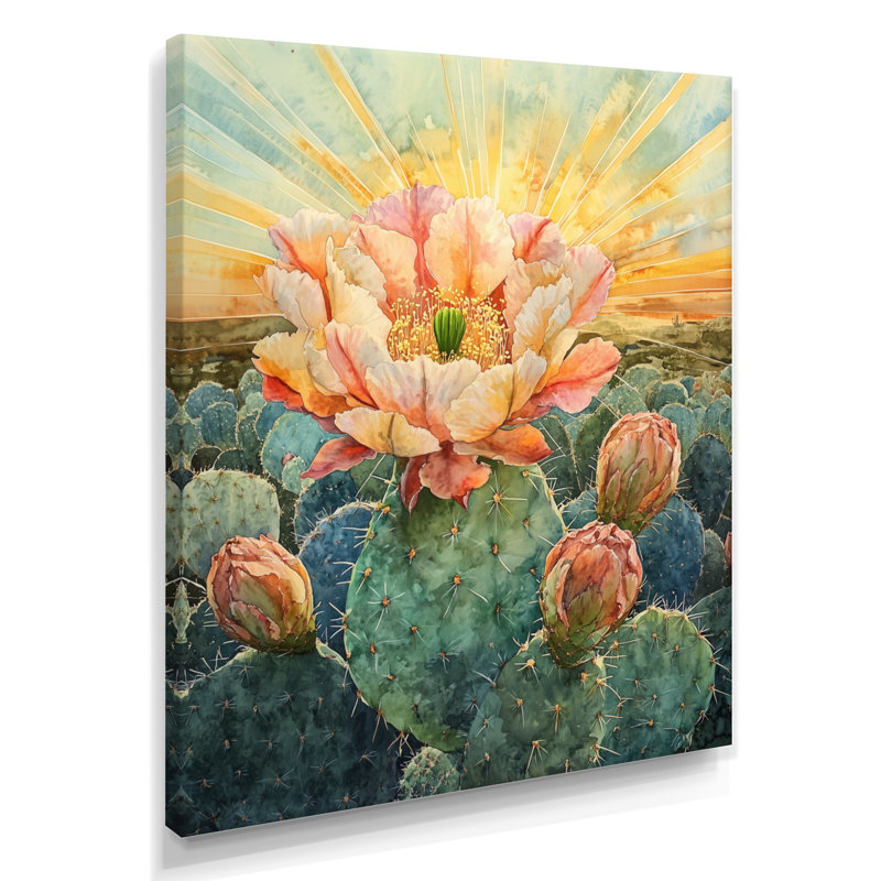«Desert Bloom», art mural fleur de cactus, Hajeb, H 32 po x l 16 po, Toile tendue