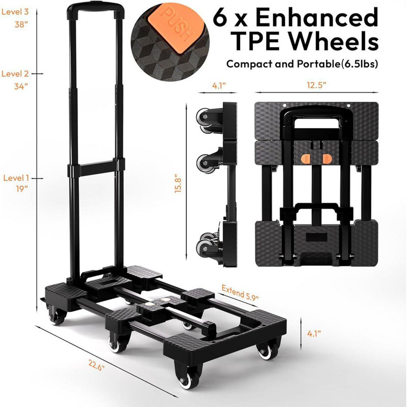 Diable pliable à 6 roues, 500 lb Capacité de chariot avec poignée réglable et cordons élastiques pour le déplacement, le voyage, le magasinage, le garage et le bureau