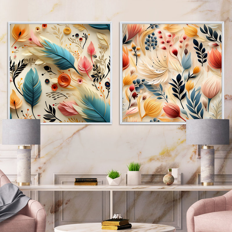 Roberval - Ensemble de 2 collages carrés botaniques abstraits, H 16 po x l 33 po, Cadre flottant blanc